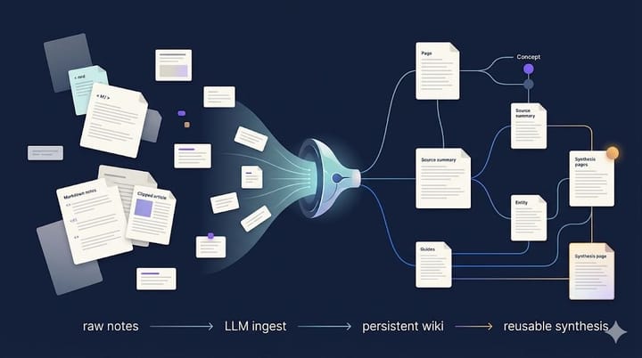 Flow diagram of the LLM Wiki pattern: raw notes, LLM ingest, persistent wiki, and reusable synthesis.