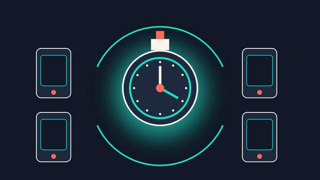 An original illustration of a shared stopwatch synchronizing across connected devices.