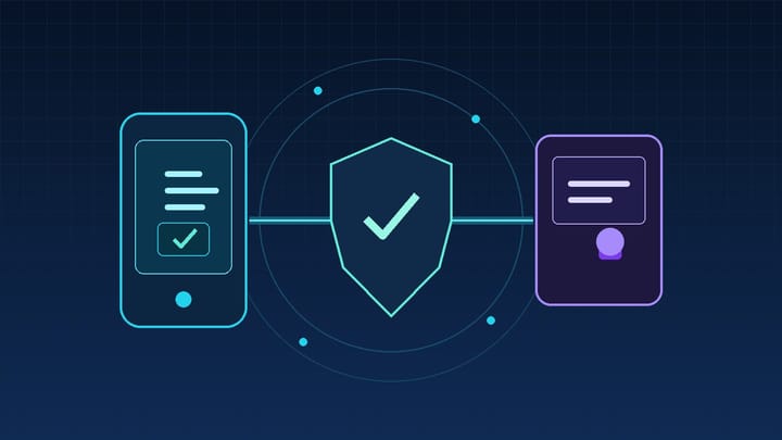 Abstract illustration of a digital wallet exchanging a protected verifiable-credential presentation with a verifier.